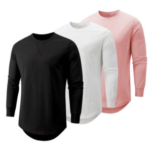 JMIERR Men's 3 Pack Cotton Hipster Hip Hop Longline Crewneck Long Sleeve T-Shirt, T Shirts for men Pack, US 40(M), Black/White/Light Pink