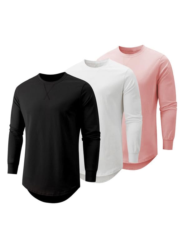 JMIERR Men's 3 Pack Cotton Hipster Hip Hop Longline Crewneck Long Sleeve T-Shirt, T Shirts for men Pack, US 40(M), Black/White/Light Pink