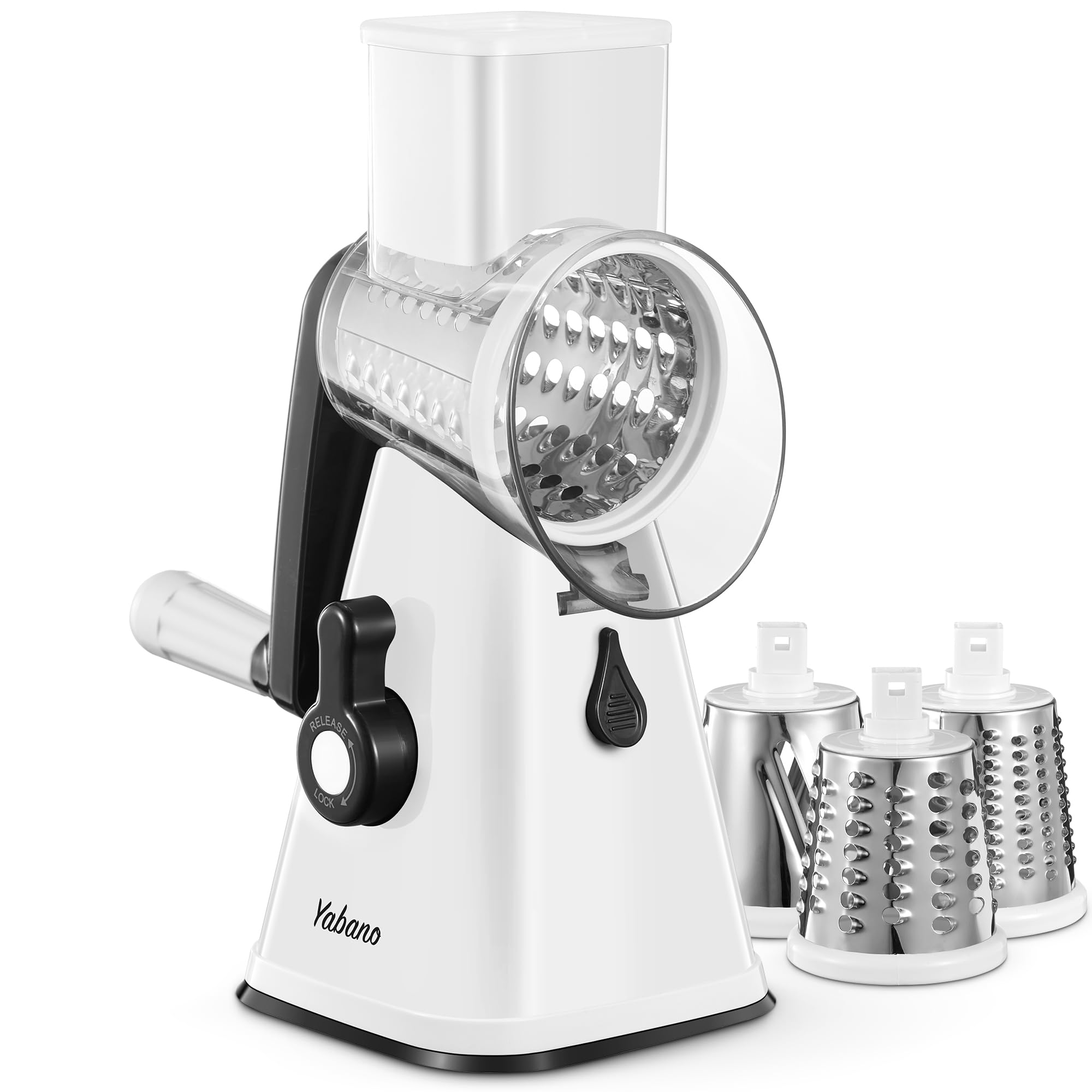 Yabano Rotary Cheese Grater Cheese Shredder with Handle, Vegetable Slicer for Kitchen, 3 Replaceable Stainless Steel Drum Blades, Easy To Use & Clean, Manual Nuts Grinder with Cleaning Brush, White