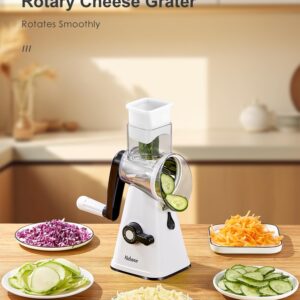 Yabano Rotary Cheese Grater Cheese Shredder with Handle, Vegetable Slicer for Kitchen, 3 Replaceable Stainless Steel Drum Blades, Easy To Use & Clean, Manual Nuts Grinder with Cleaning Brush, White