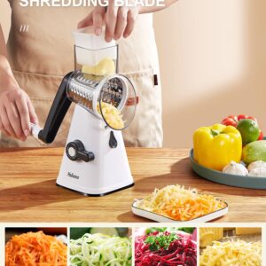 Yabano Rotary Cheese Grater Cheese Shredder with Handle, Vegetable Slicer for Kitchen, 3 Replaceable Stainless Steel Drum Blades, Easy To Use & Clean, Manual Nuts Grinder with Cleaning Brush, White