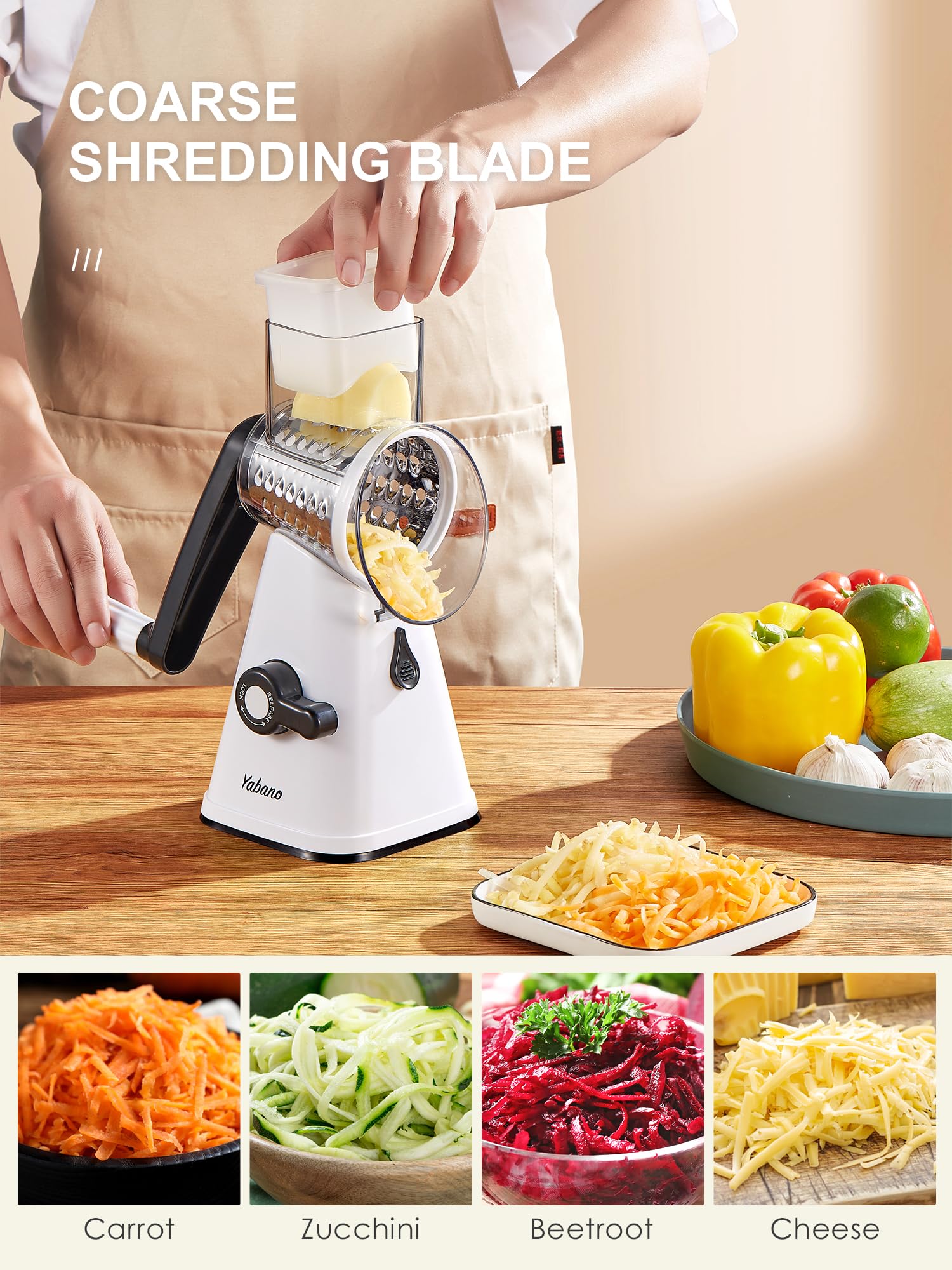 Yabano Rotary Cheese Grater Cheese Shredder with Handle, Vegetable Slicer for Kitchen, 3 Replaceable Stainless Steel Drum Blades, Easy To Use & Clean, Manual Nuts Grinder with Cleaning Brush, White