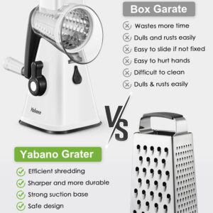 Yabano Rotary Cheese Grater Cheese Shredder with Handle, Vegetable Slicer for Kitchen, 3 Replaceable Stainless Steel Drum Blades, Easy To Use & Clean, Manual Nuts Grinder with Cleaning Brush, White