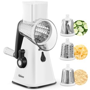 Yabano Rotary Cheese Grater Cheese Shredder with Handle, Vegetable Slicer for Kitchen, 3 Replaceable Stainless Steel Drum Blades, Easy To Use & Clean, Manual Nuts Grinder with Cleaning Brush, White