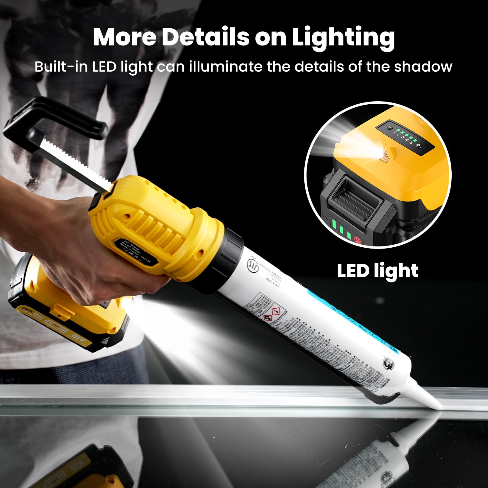 TaskStar Cordless Caulking Gun,5 Adjustable Speed Electric Caulk Gun with 2.0Ah Li-Battery & Charger, LED Light and Cutting Tool,Cordless lightweight Dripless Caulk Gun for Bathroom Balcony Doors