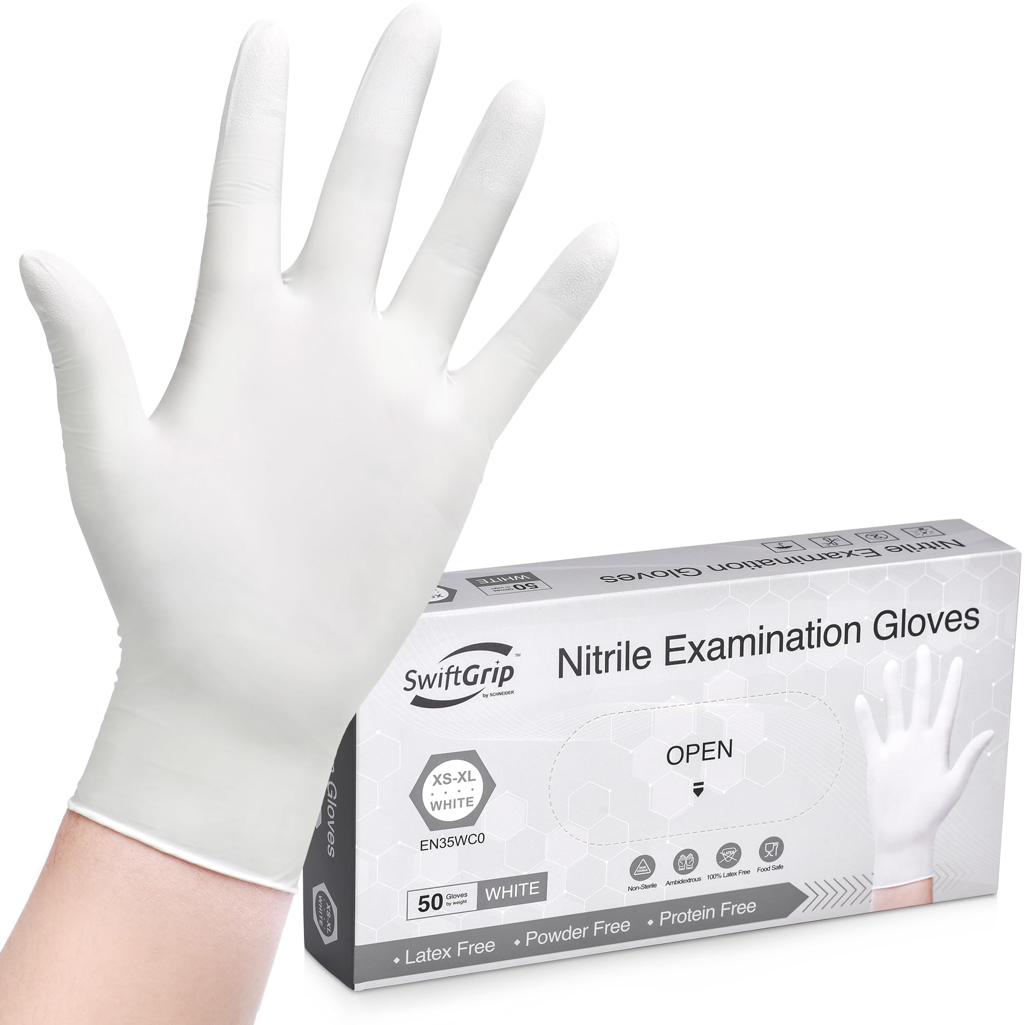 SwiftGrip Disposable Nitrile Exam Gloves, 3-mil, Large, Box of 50, White Nitrile Gloves Disposable Latex Free for Medical, Cleaning, Cooking & Esthetician, Food-Safe, Powder-Free, Non-Sterile