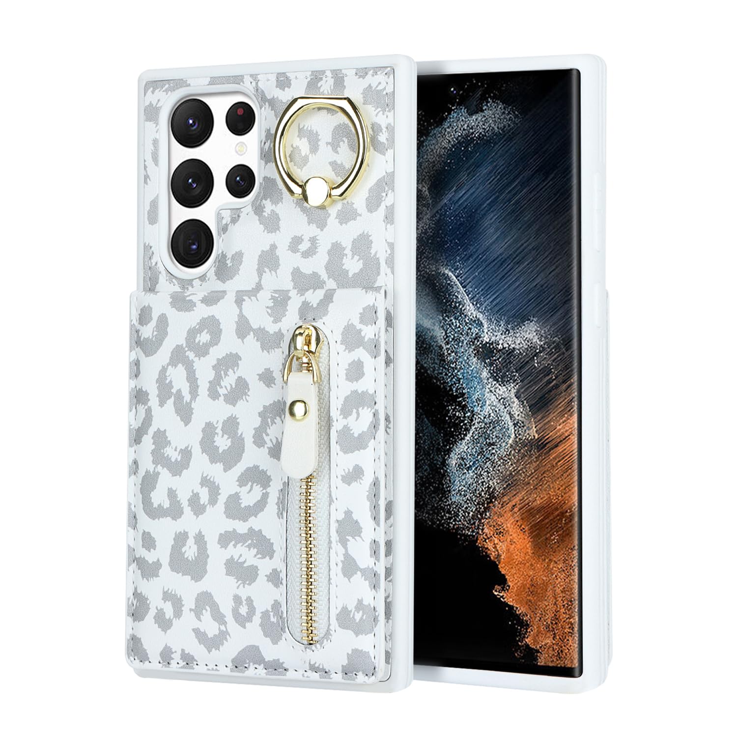 DEYHU Samsung Galaxy S22 Ultra Case with Card Holder for Women, Samsung Galaxy S22 Ultra phone Case Wallet with Credit Card with Ring Kickstand Zipper Shockproof Slim Stand Case - White Leopard