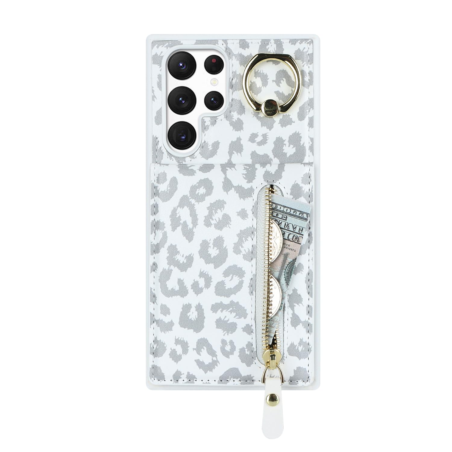 DEYHU Samsung Galaxy S22 Ultra Case with Card Holder for Women, Samsung Galaxy S22 Ultra phone Case Wallet with Credit Card with Ring Kickstand Zipper Shockproof Slim Stand Case - White Leopard