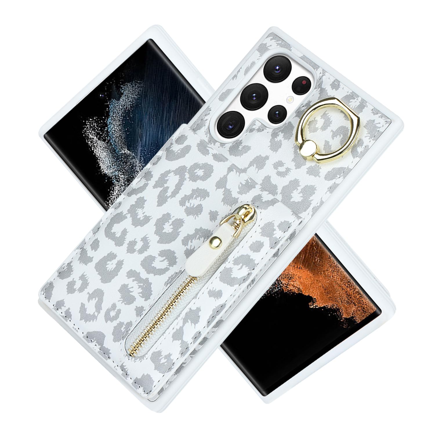 DEYHU Samsung Galaxy S22 Ultra Case with Card Holder for Women, Samsung Galaxy S22 Ultra phone Case Wallet with Credit Card with Ring Kickstand Zipper Shockproof Slim Stand Case - White Leopard