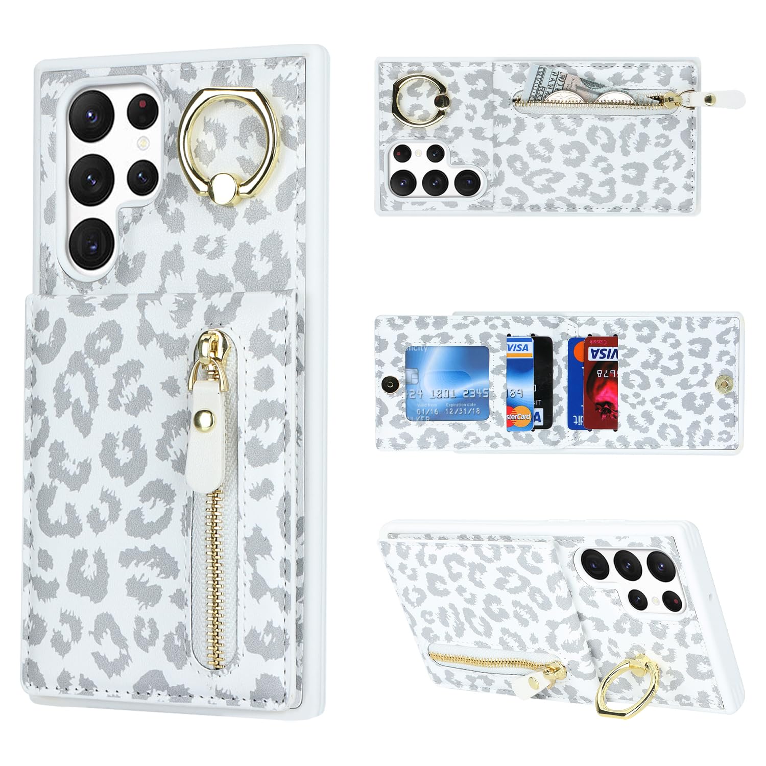 DEYHU Samsung Galaxy S22 Ultra Case with Card Holder for Women, Samsung Galaxy S22 Ultra phone Case Wallet with Credit Card with Ring Kickstand Zipper Shockproof Slim Stand Case - White Leopard