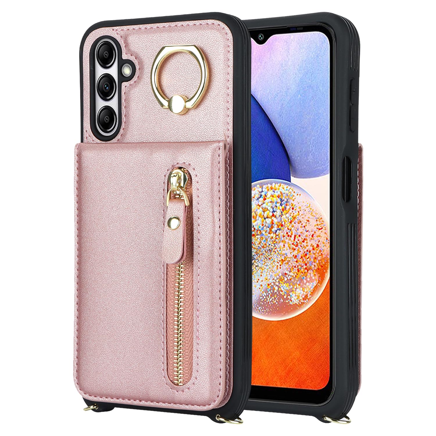 DEYHU Samsung Galaxy A14 5G Case with Card Holder for Women, Galaxy A14 5G Phone Case Wallet with Strap Credit Card Slots Crossbody with Zipper Shockproof Case for GalaxyA14 5G - Rose Gold