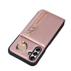 DEYHU Samsung Galaxy A14 5G Case with Card Holder for Women, Galaxy A14 5G Phone Case Wallet with Strap Credit Card Slots Crossbody with Zipper Shockproof Case for GalaxyA14 5G - Rose Gold