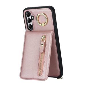 DEYHU Samsung Galaxy A14 5G Case with Card Holder for Women, Galaxy A14 5G Phone Case Wallet with Strap Credit Card Slots Crossbody with Zipper Shockproof Case for GalaxyA14 5G - Rose Gold