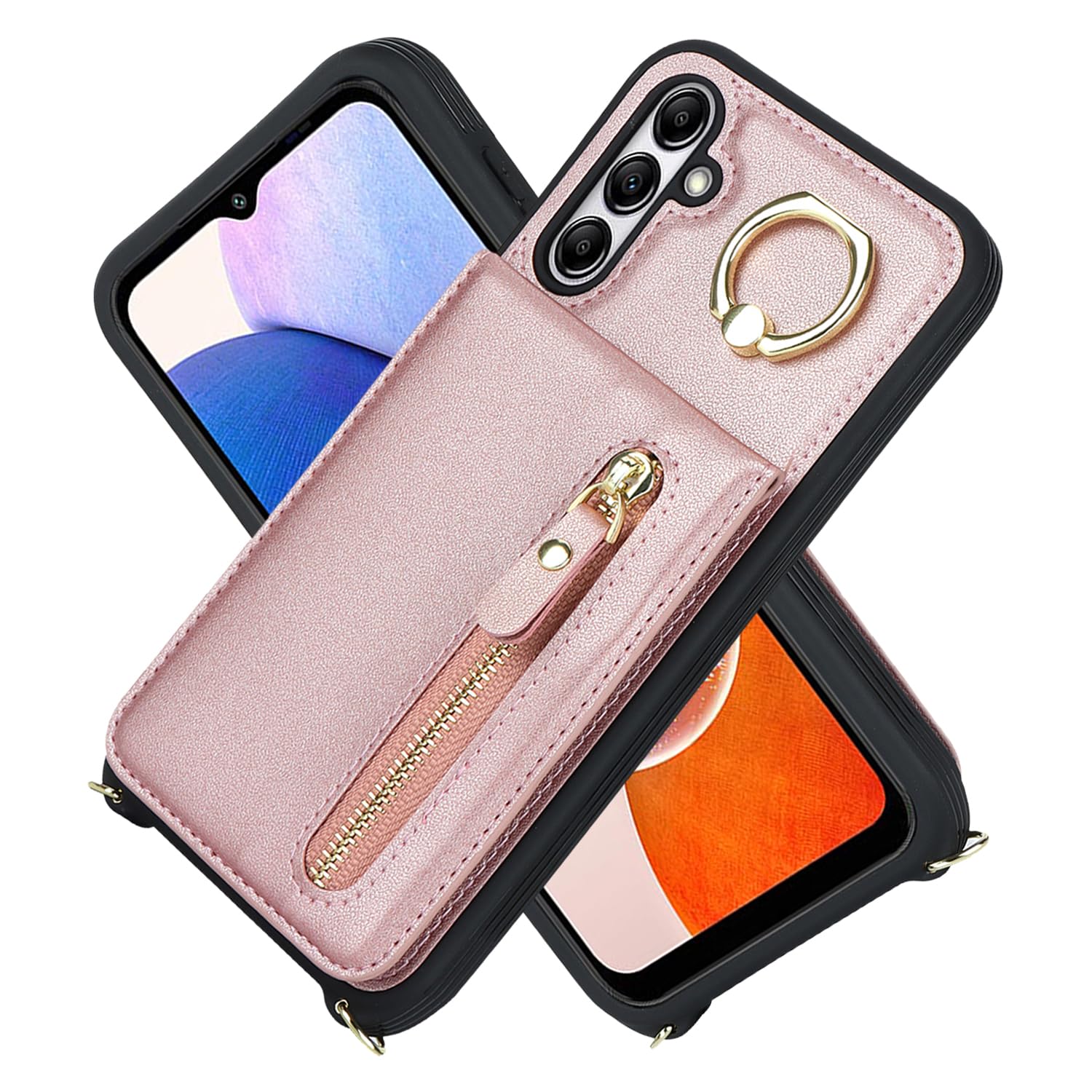 DEYHU Samsung Galaxy A14 5G Case with Card Holder for Women, Galaxy A14 5G Phone Case Wallet with Strap Credit Card Slots Crossbody with Zipper Shockproof Case for GalaxyA14 5G - Rose Gold