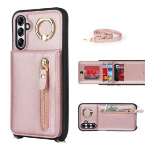 DEYHU Samsung Galaxy A14 5G Case with Card Holder for Women, Galaxy A14 5G Phone Case Wallet with Strap Credit Card Slots Crossbody with Zipper Shockproof Case for GalaxyA14 5G - Rose Gold