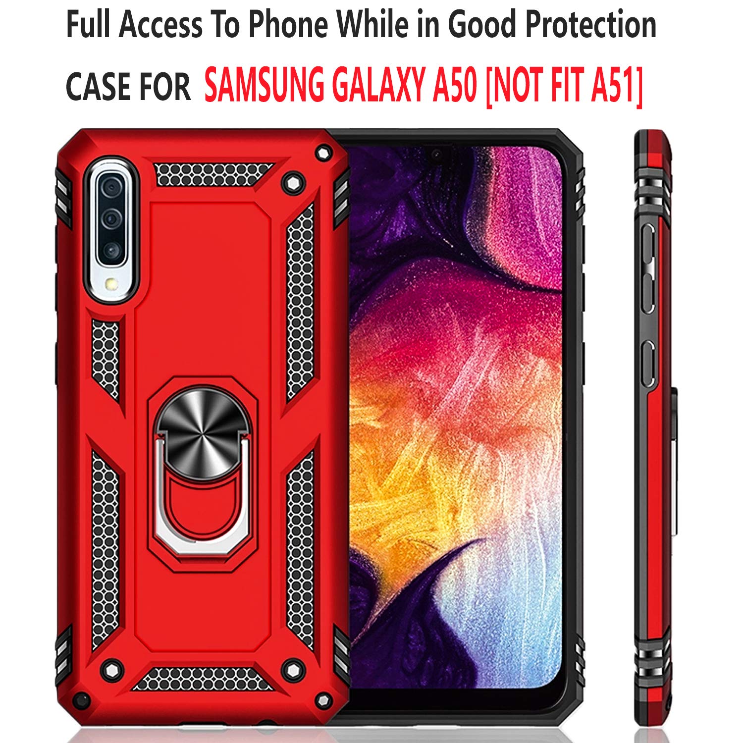 STARSHOP Samsung Galaxy A50 Phone Case, with [Tempered Glass Screen Protector Included], Military Grade Shockproof Drop Protection Phone Cover with Metal Ring Kickstand - Scarlet