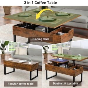 SMOOL Lift Top Coffee Table, 3 in 1 Multi-Function with Hidden Compartment for Living Room, Modern Lift Coffee Table Converts to Dining Table for Reception, Rustic Brown