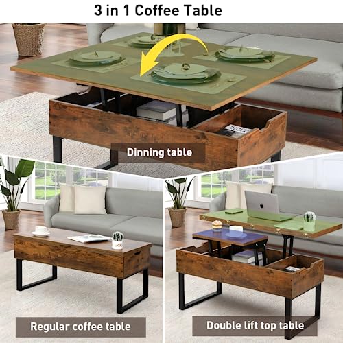 SMOOL Lift Top Coffee Table, 3 in 1 Multi-Function with Hidden Compartment for Living Room, Modern Lift Coffee Table Converts to Dining Table for Reception, Rustic Brown