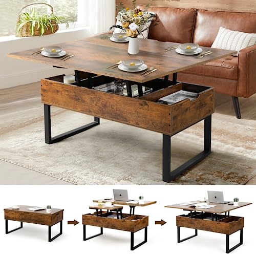 SMOOL Lift Top Coffee Table, 3 in 1 Multi-Function with Hidden Compartment for Living Room, Modern Lift Coffee Table Converts to Dining Table for Reception, Rustic Brown