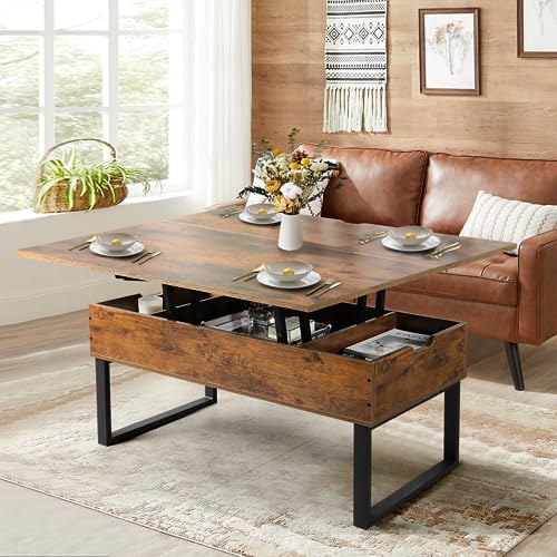 SMOOL Lift Top Coffee Table, 3 in 1 Multi-Function with Hidden Compartment for Living Room, Modern Lift Coffee Table Converts to Dining Table for Reception, Rustic Brown