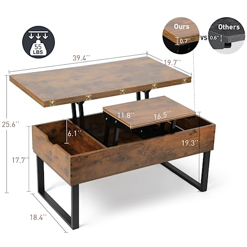 SMOOL Lift Top Coffee Table, 3 in 1 Multi-Function with Hidden Compartment for Living Room, Modern Lift Coffee Table Converts to Dining Table for Reception, Rustic Brown