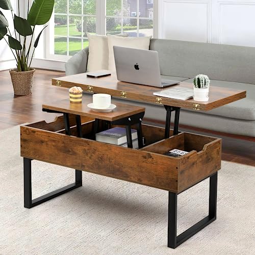 SMOOL Lift Top Coffee Table, 3 in 1 Multi-Function with Hidden Compartment for Living Room, Modern Lift Coffee Table Converts to Dining Table for Reception, Rustic Brown