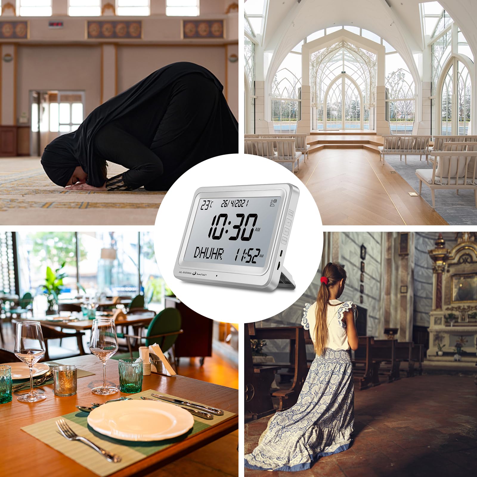 OUD Bukhoor Azan Clock, Automatic Worldwide Digital 8 Azan Prayer Sounds Muslim Prayer Clock for USA Home Decor (White)