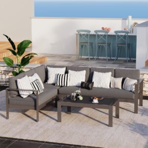 solaste aluminum patio furniture set, metal patio sectional sofa with imitation wood tabletop coffee table, modern outdoor furniture couch with water-resistant cushion for balcony backyard, grey