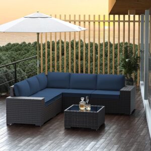 RTDTD Outdoor Patio Furniture Set, 6 Pieces Outdoor Furniture All Weather Patio Sectional Sofa PE Wicker Modular Conversation Sets with Coffee Table,5 Chairs & Seat Clips Dark Blue