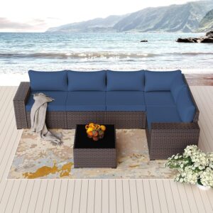 RTDTD Outdoor Patio Furniture Set, 6 Pieces Outdoor Furniture All Weather Patio Sectional Sofa PE Wicker Modular Conversation Sets with Coffee Table,5 Chairs & Seat Clips Dark Blue