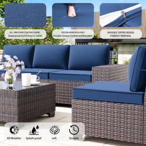 RTDTD Outdoor Patio Furniture Set, 6 Pieces Outdoor Furniture All Weather Patio Sectional Sofa PE Wicker Modular Conversation Sets with Coffee Table,5 Chairs & Seat Clips Dark Blue