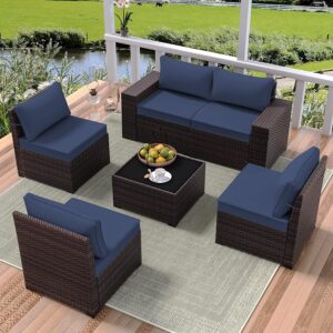 RTDTD Outdoor Patio Furniture Set, 6 Pieces Outdoor Furniture All Weather Patio Sectional Sofa PE Wicker Modular Conversation Sets with Coffee Table,5 Chairs & Seat Clips Dark Blue