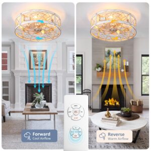 PAZALA Retro White Ceiling Fans with Lights, 20 inch Caged Ceiling Fan Light Fixture with Remote Control, Flush Mount Ceiling Fan with Light for Bedroom, Living Room, Kitchen