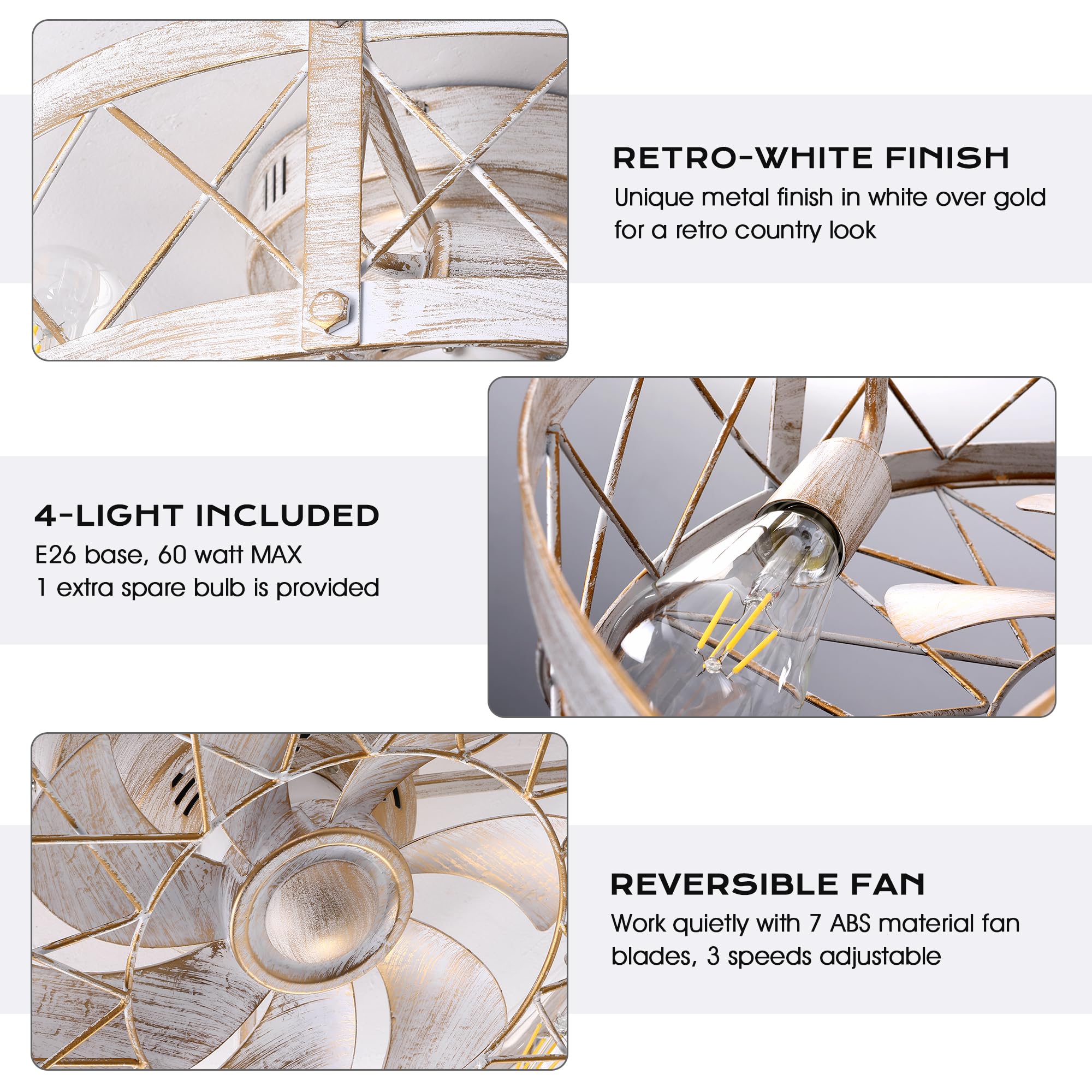 PAZALA Retro White Ceiling Fans with Lights, 20 inch Caged Ceiling Fan Light Fixture with Remote Control, Flush Mount Ceiling Fan with Light for Bedroom, Living Room, Kitchen