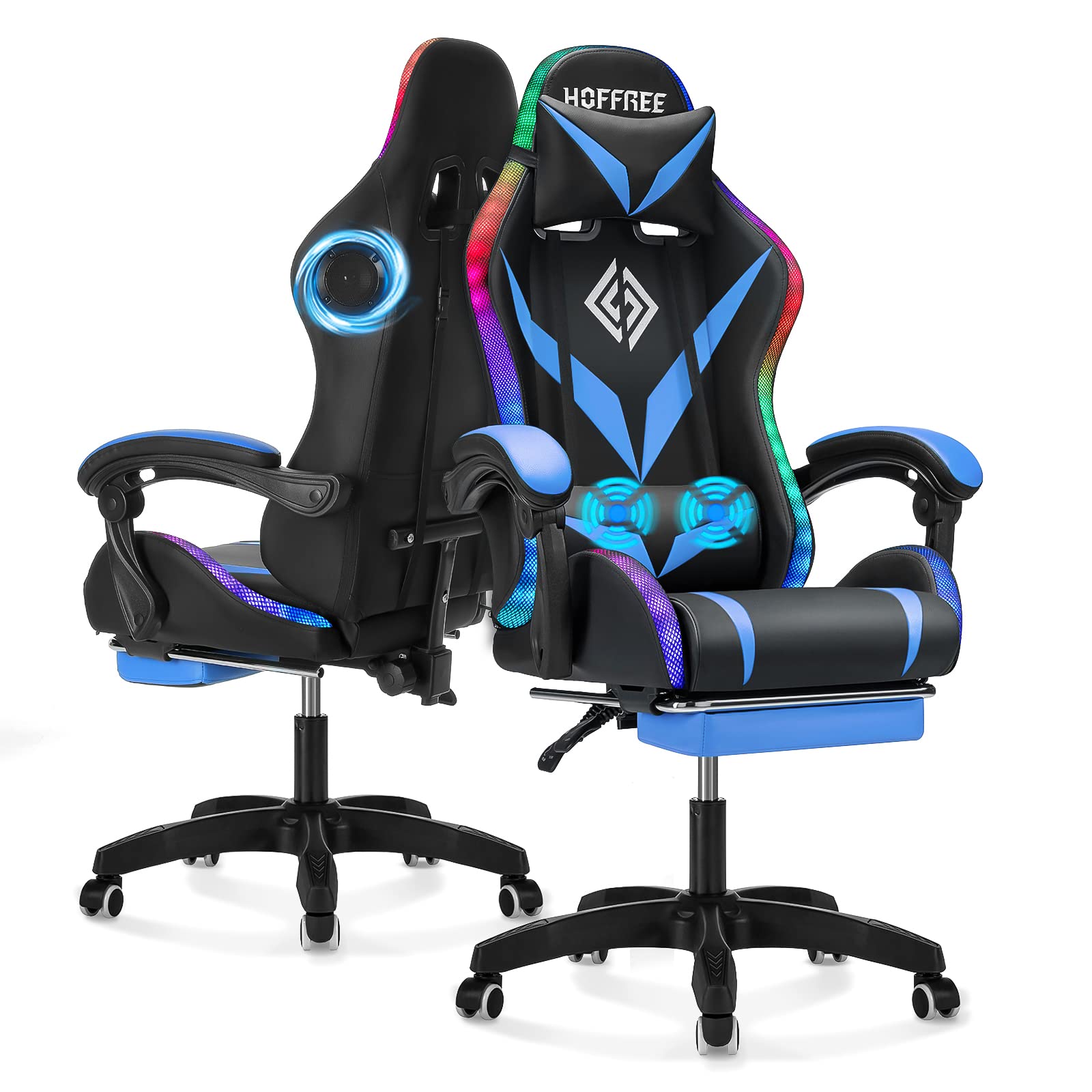 Gaming Chair with Bluetooth Speakers and RGB LED Lights Ergonomic Massage Computer Gaming Chair with Footrest Video Game Chair High Back with Lumbar Support Blue and Black