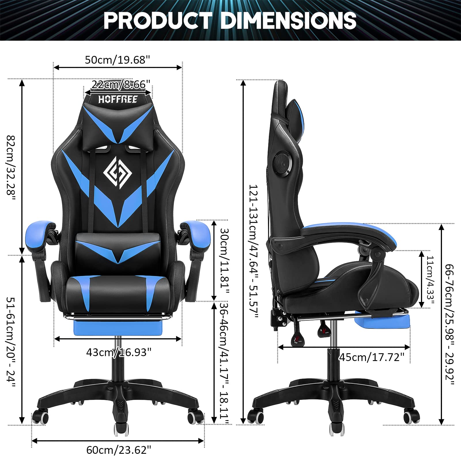 Gaming Chair with Bluetooth Speakers and RGB LED Lights Ergonomic Massage Computer Gaming Chair with Footrest Video Game Chair High Back with Lumbar Support Blue and Black