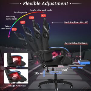 Gaming Chair with Bluetooth Speakers and RGB LED Lights Ergonomic Massage Computer Gaming Chair with Footrest Video Game Chair High Back with Lumbar Support Blue and Black