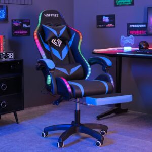 Gaming Chair with Bluetooth Speakers and RGB LED Lights Ergonomic Massage Computer Gaming Chair with Footrest Video Game Chair High Back with Lumbar Support Blue and Black