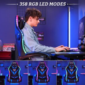 Gaming Chair with Bluetooth Speakers and RGB LED Lights Ergonomic Massage Computer Gaming Chair with Footrest Video Game Chair High Back with Lumbar Support Blue and Black