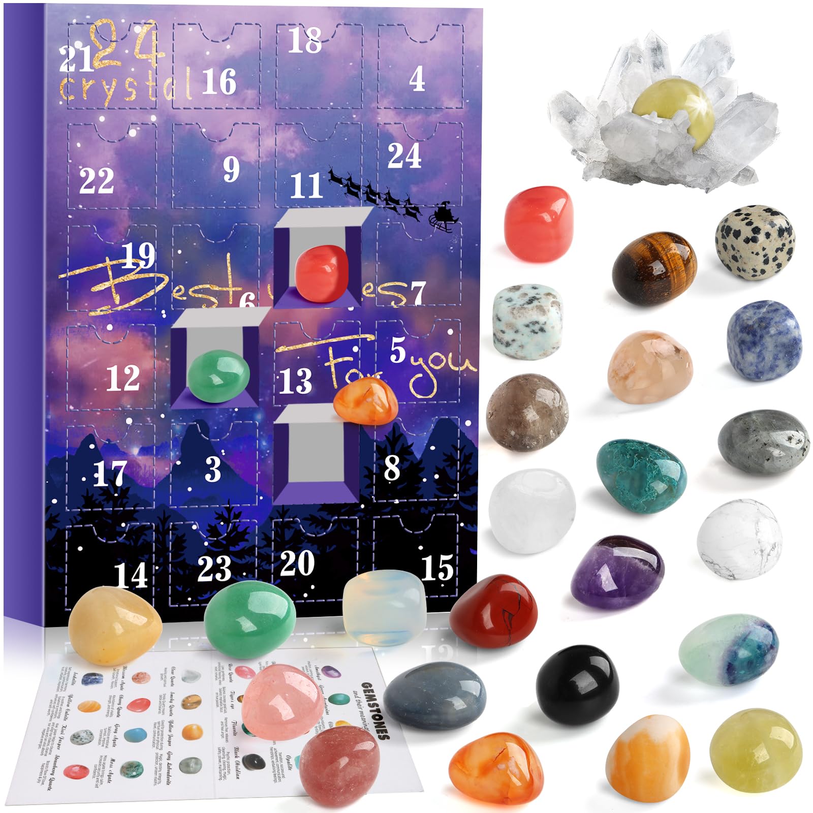 JELMOK Advent Calendar 2024, 24 Days Natural Healing Crystal Gemstones Minerals & Fossils Advent Calendar Crystals Christmas Calendar Enthusiasts Rocks Collection for Xmas Girls Boys Kids Men Women (Purple)