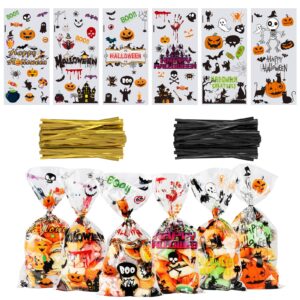 owill 120 pcs halloween cellophane treat bags,halloween candy bags with130 pcs gold and black twist ties, trick or treat goodie bags for halloween party supply-10.6 * 5.1 inch