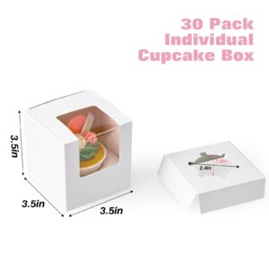 Moretoes 30pcs Cupcake Boxes, 3.5inches Individual Pre-Assembled White Cake Boxes with Window Single Cupcake Containers for Mother's Day, Birthdays, Wedding, Baby Shower