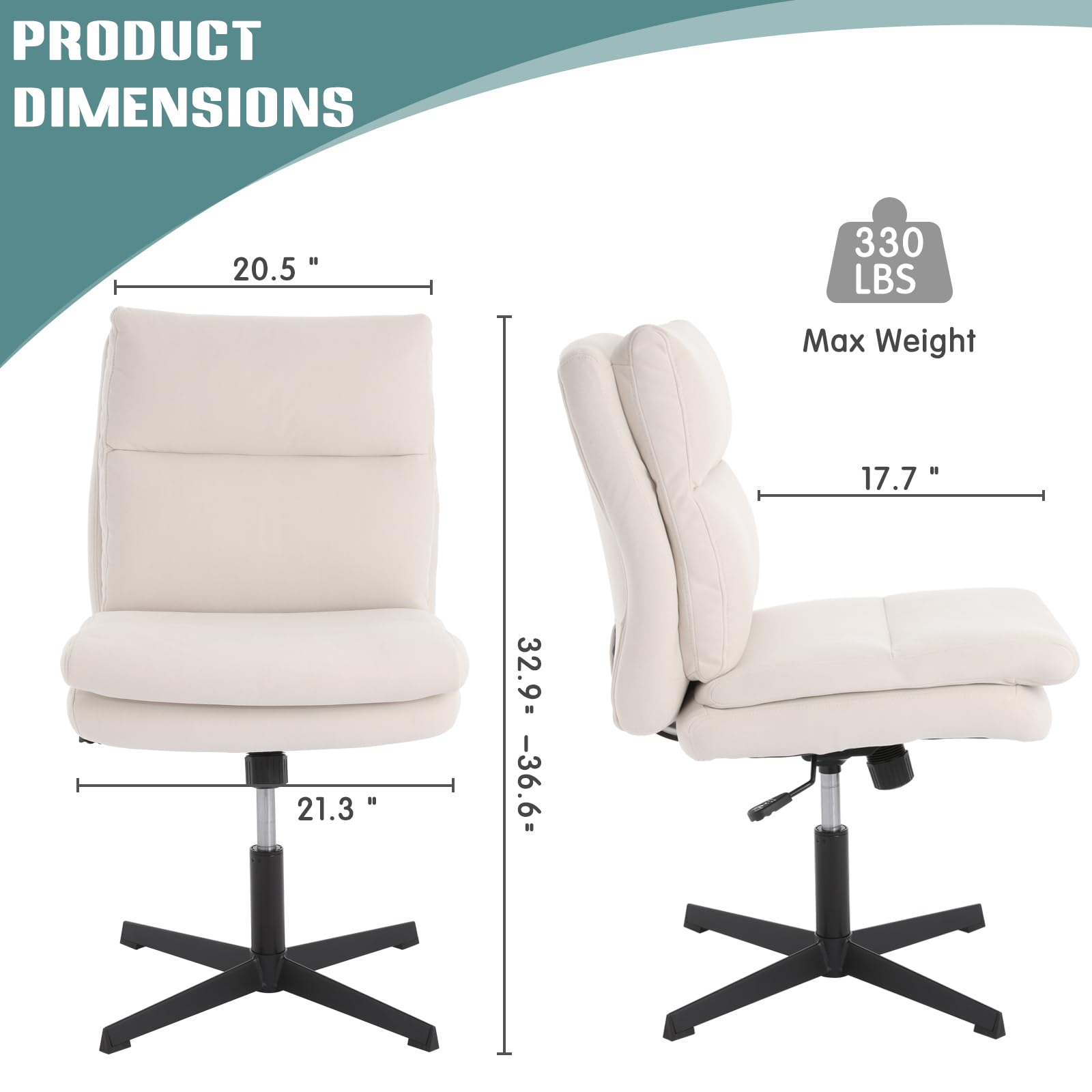 LUCKWIND Armless Home Office Desk Chair No Wheels, Modern Double Padded Ergonomic Vanity Chair, Mid-Back Height Adjustable Cushioned Swivel Task Chairs, Wide Seat (Creamy White)