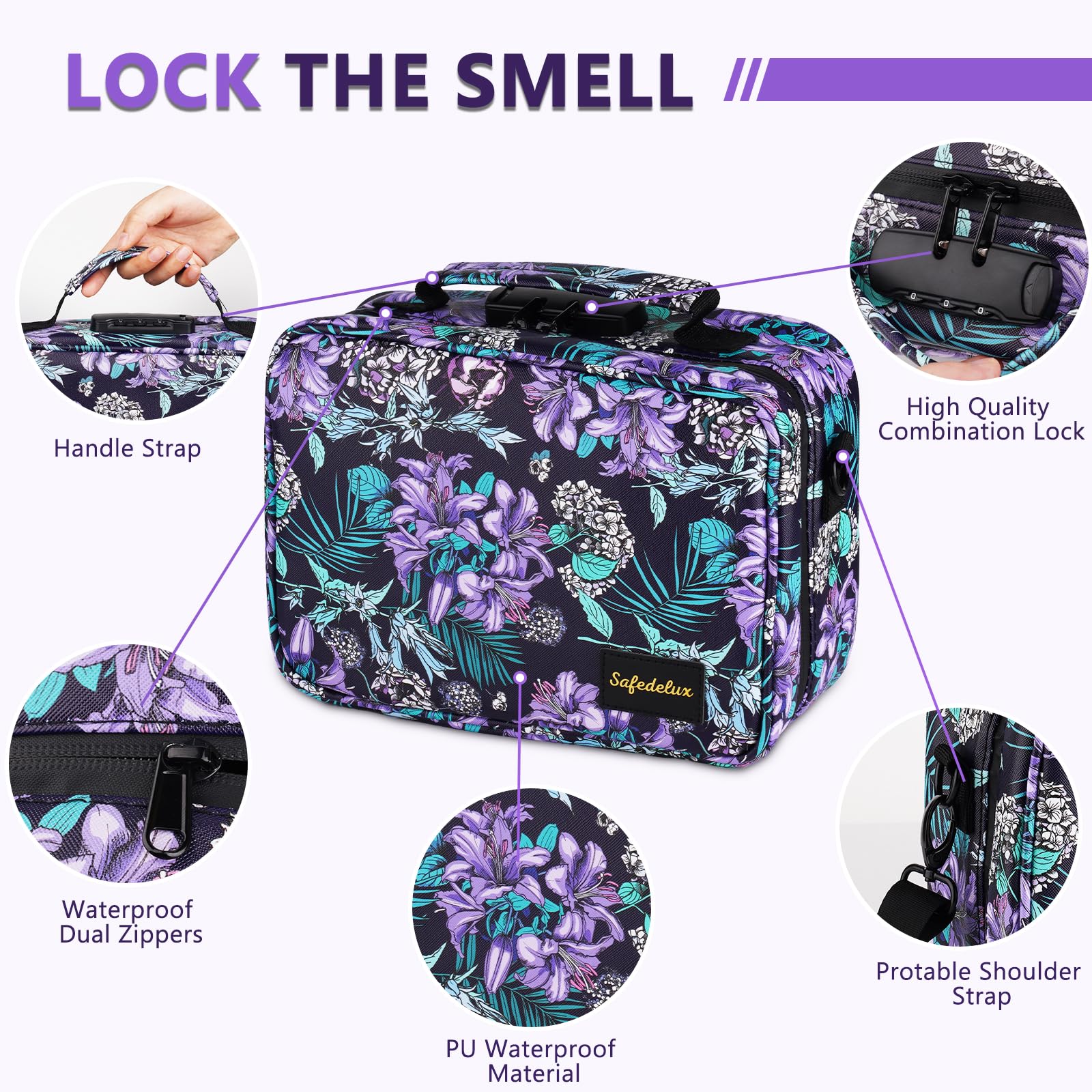 SafeDelux Smell Proof Bag with Combination Lock Odor Proof Bag Lockable Set, Smoking Tobacco Pipe Accessories Carbon Lining Durable Organizer Medicine Bags Odorless Pouch Great Gifts for Women(Purple)