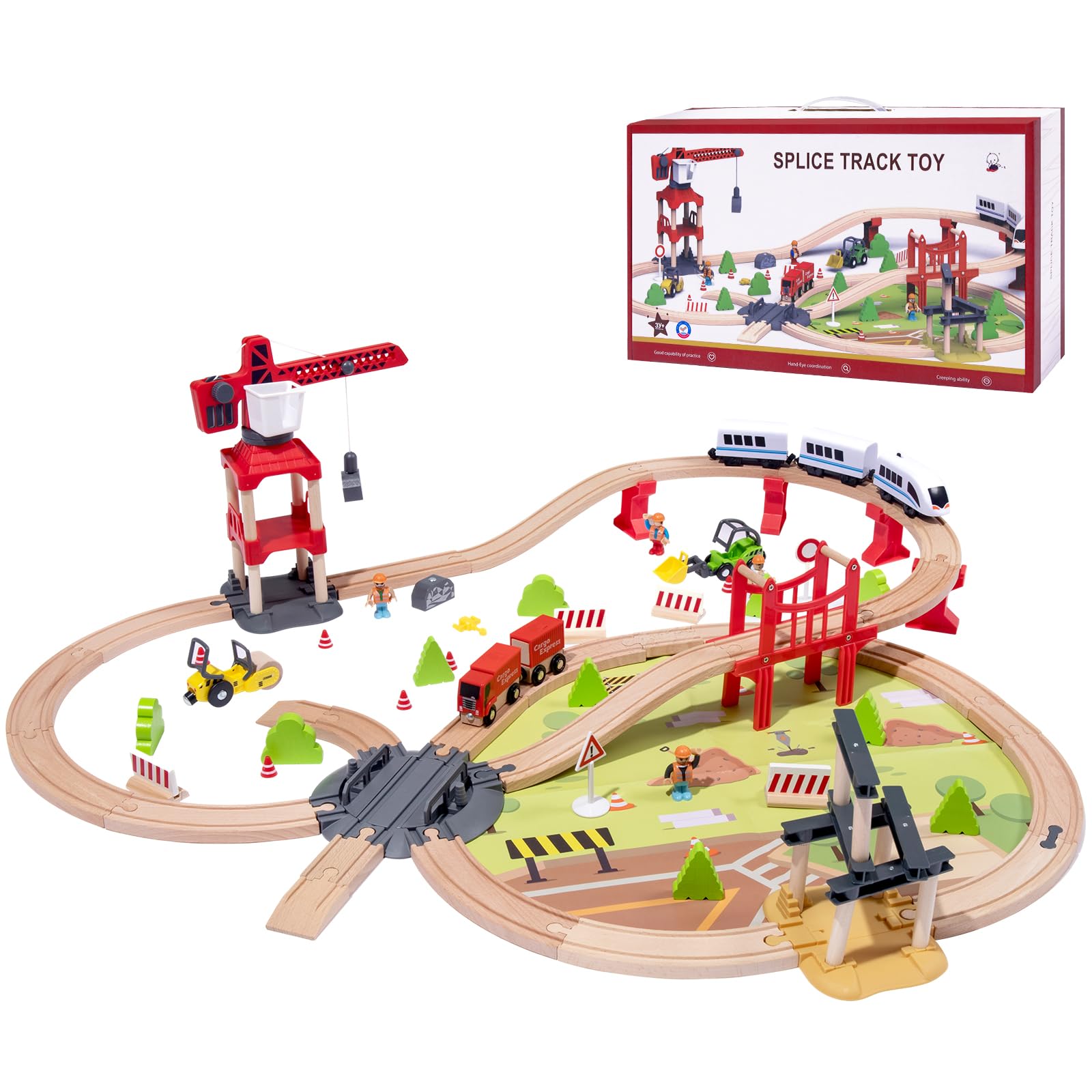 TUKELER Wooden Train Set for Toddler 104pcs, Themed Urban Engineering Train Track Toys for Aged 3+, Double Sided Wooden Train Track, Compatible with Thomas, Brio, Chuggington, Melissa and Doug