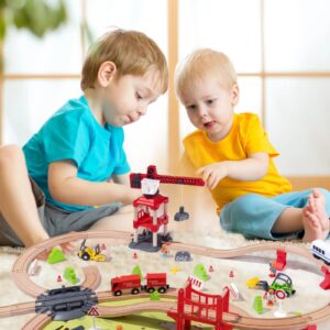 TUKELER Wooden Train Set for Toddler 104pcs, Themed Urban Engineering Train Track Toys for Aged 3+, Double Sided Wooden Train Track, Compatible with Thomas, Brio, Chuggington, Melissa and Doug