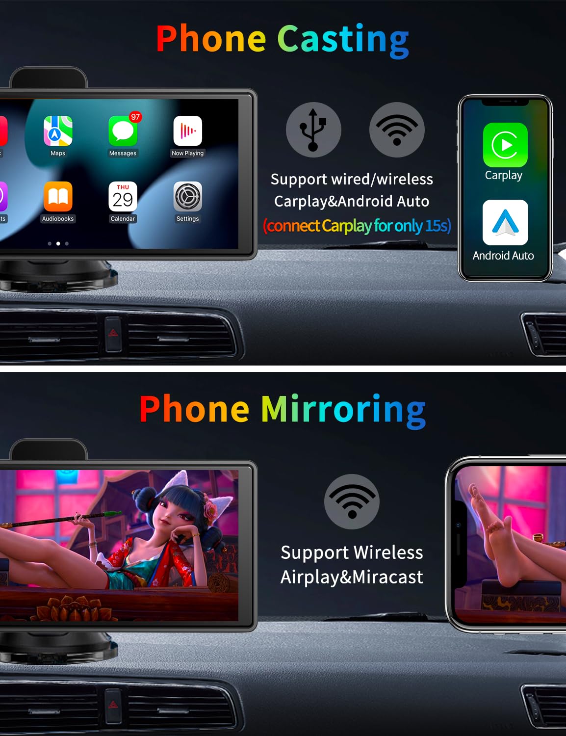 9.3" Portable Apple Carplay Screen for Car with 4K ADAS Dash Cam, Wireless Apple Carplay & Android Auto, 1080P Backup Camera, Phone Mirroring, AUX/FM/Speaker