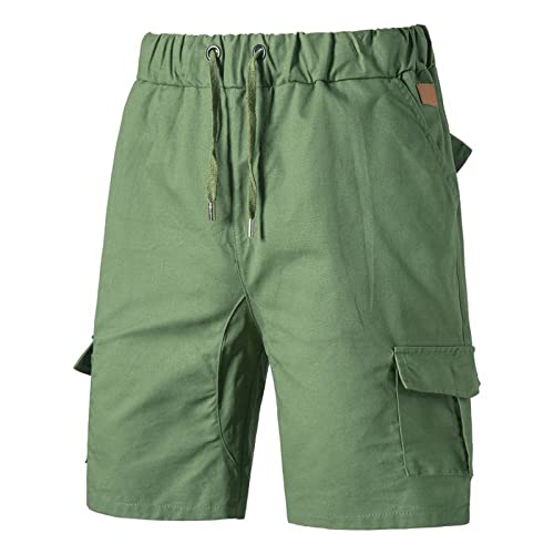 Boys Casual Shorts Mens Elastic Waist Cargo Shorts Casual Drawstring Multi Pockets Cotton Linen Shorts Stylish Fashion Sport Shorts Athletic Shorts for Men 5 Inch Inseam Army Green M