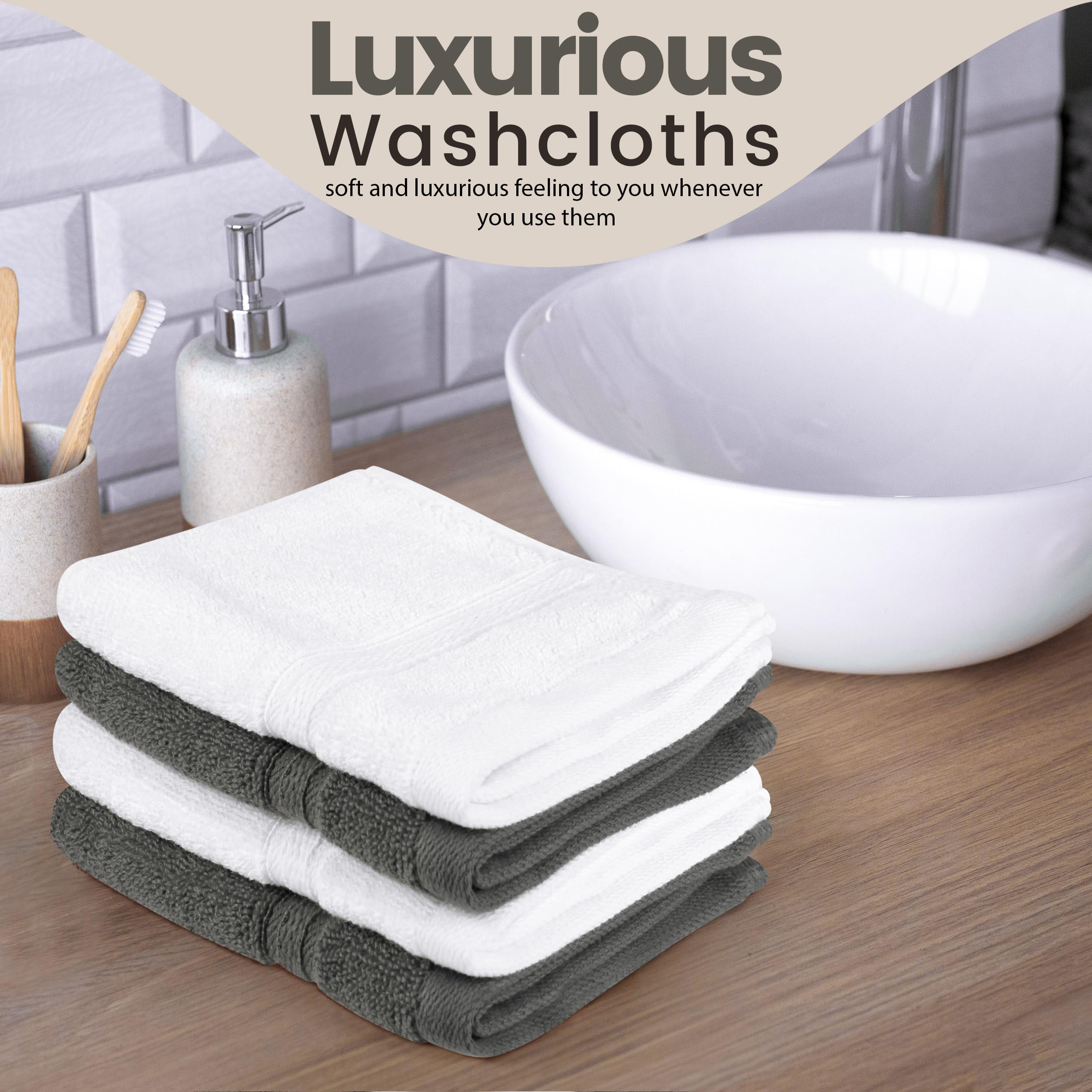 Towel and Linen Mart 100% Cotton - Wash Cloth Set - Pack of 4, Luxurious, Highly Absorbent and Soft Feel Perfect for Daily Use (12 x 12 4 PK White & Grey)