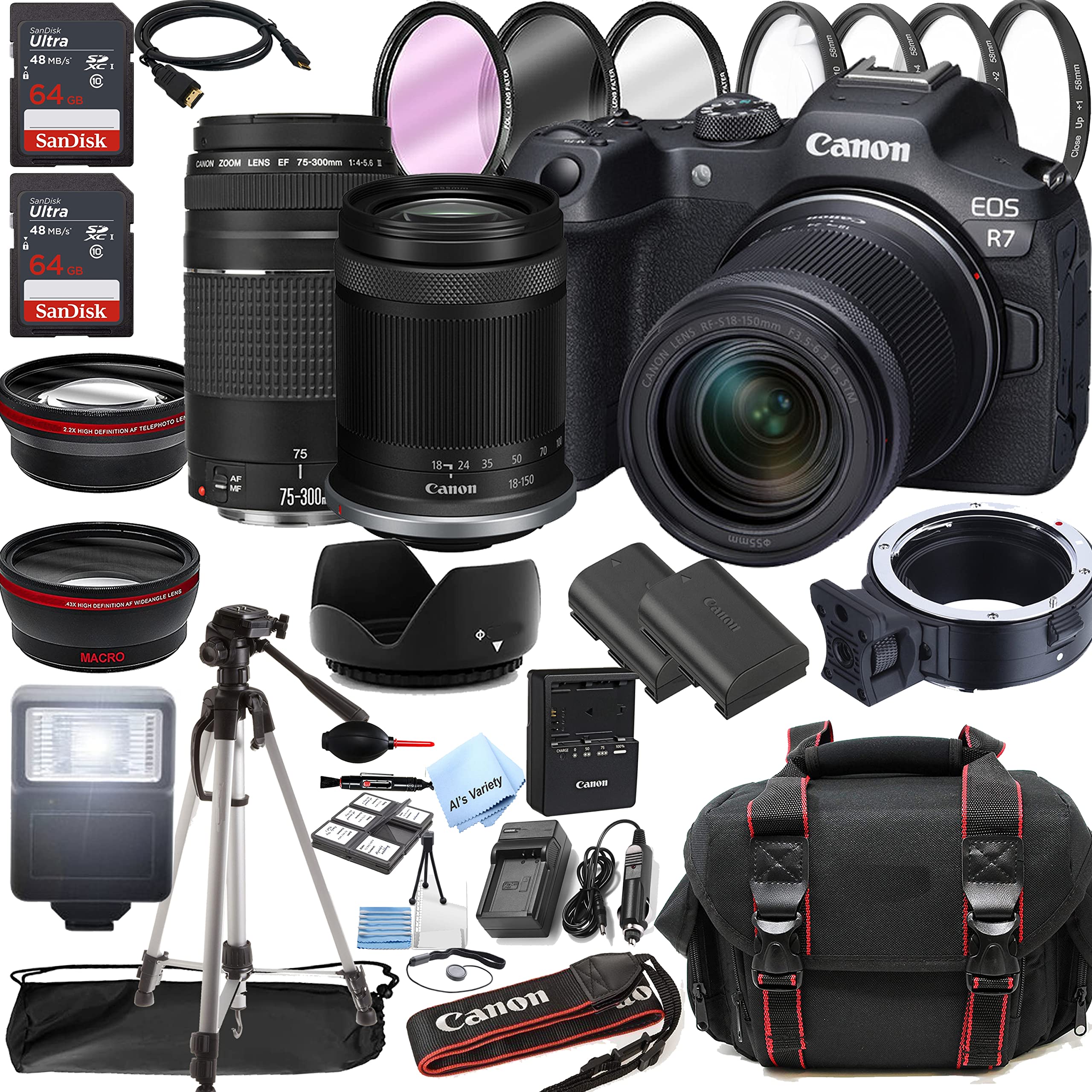 Canon EOS R7 Mirrorless Digital Camera with RF-S 18-150mm f/3.5-6.3 is STM Lens + 75-300mm F/4-5.6 III Lens + 128GB Memory + Case + Tripod + Filters (40pc Bundle) (Renewed)